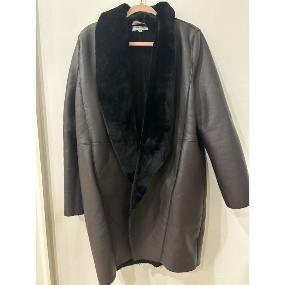 Victor Alfaro Womens Brown Leather Long Sleeve Open Front Overcoat Size XL Vegan - Picture 2 of 4
